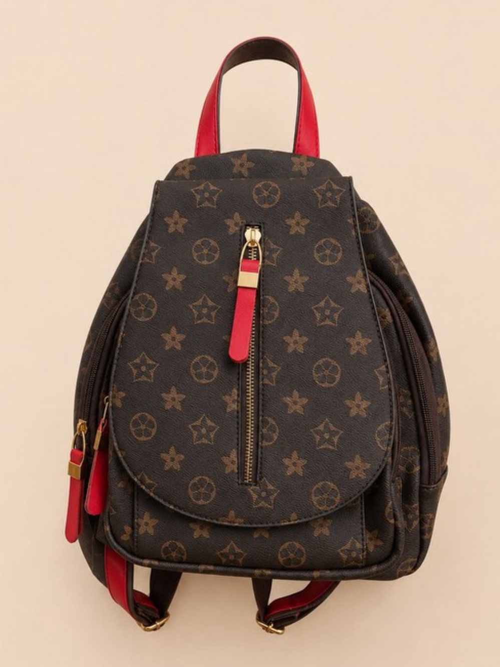 Monogram-Print Brown Backpack with Red Trim